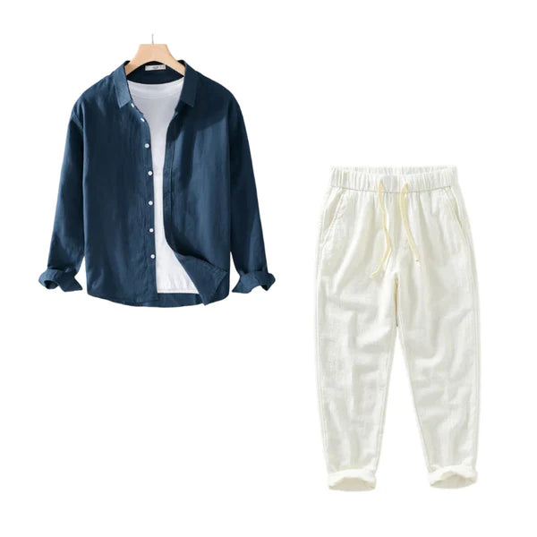 Harbor Linen Duo - Navy Linen Shirt + Off-White Linen Pants Set