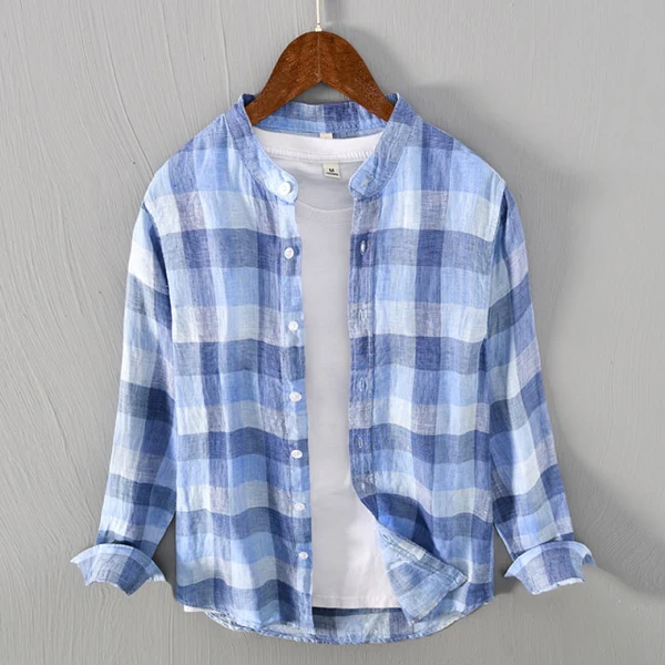 Cove Plaid Linen Mandarin Collar Shirt - Blue