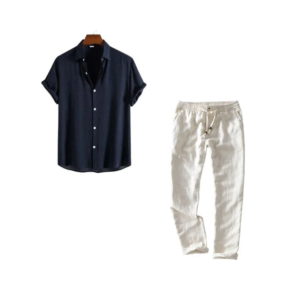 Harbor Linen Contrast - Black Cotton Shirt + Natural Linen Pants Set