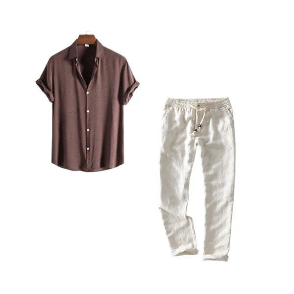 Harbor Linen Contrast - Brown Shirt + Natural Linen Pants Set