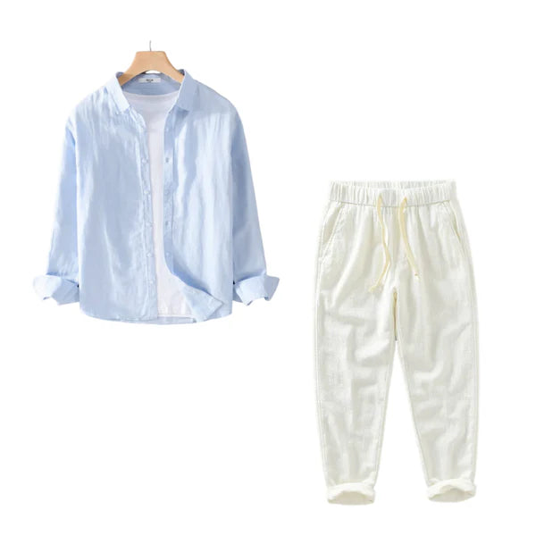 Harbor Linen Duo - Blue Linen Shirt + Off-White Linen Pants Set
