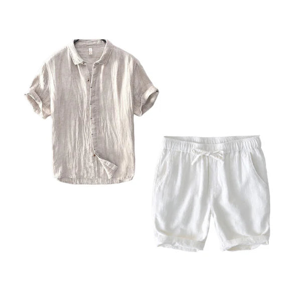 Coastal Breeze Linen - Beige Shirt + White Shorts Set