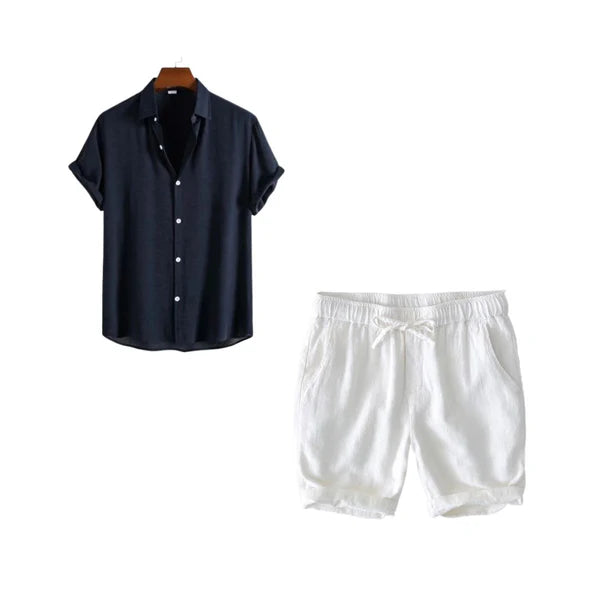 Harbor Weekend - Black Cotton Shirt + White Cotton-Linen Shorts Set