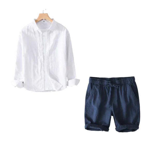 Coastal Breeze Linen - White Shirt + Navy Blue Linen Shorts Set