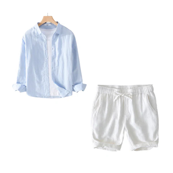 Coastal Breeze Linen - Blue Linen Shirt + White Linen Shorts Set
