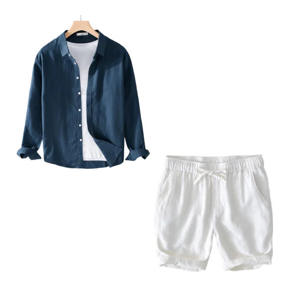 Coastal Breeze Linen - Navy Blue Shirt + White Linen Shorts Set