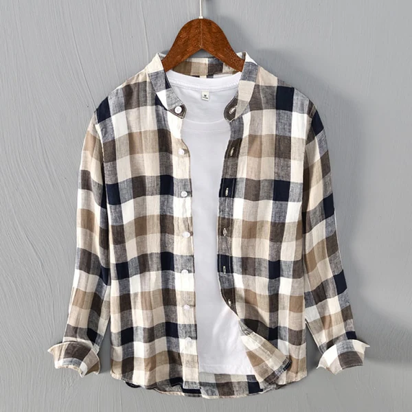 Cove Plaid Linen Mandarin Collar Shirt - Sand/Navy Check