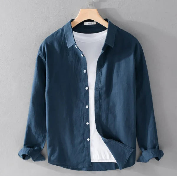 Coastal Breeze Linen - Navy Blue Shirt + Beige Linen Shorts Set