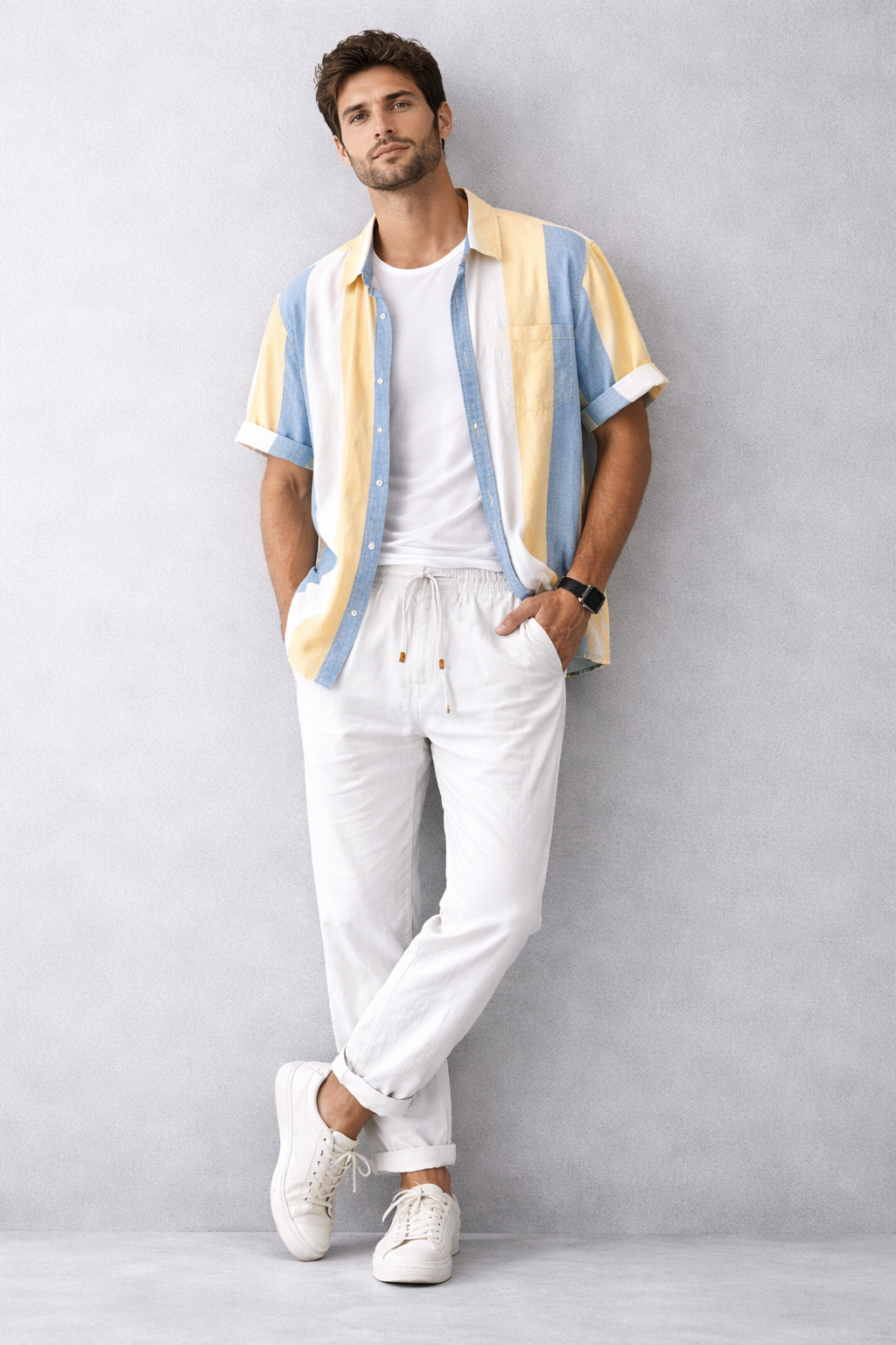 Sunset Stripe Linen Short-Sleeve Shirt - Multi-Color