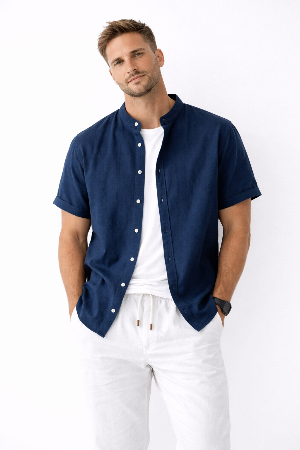 Cove Cotton-Linen Mandarin Collar Shirt - Dark blue