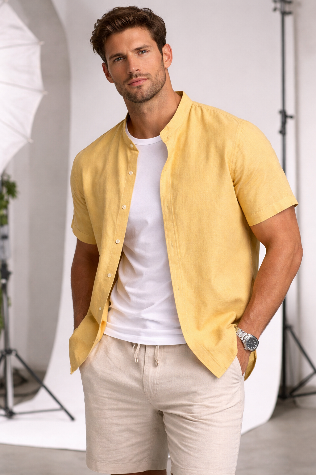Cove Cotton-Linen Mandarin Collar Shirt - Yellow