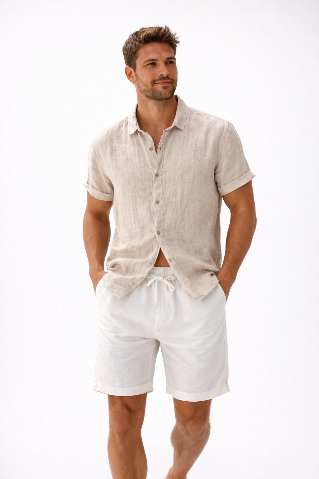 Coastal Breeze Linen - Beige Shirt + White Shorts Set