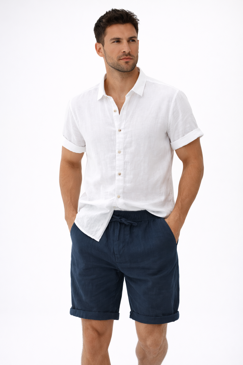 Coastal Breeze Linen - White Shirt + Navy Blue Shorts Set