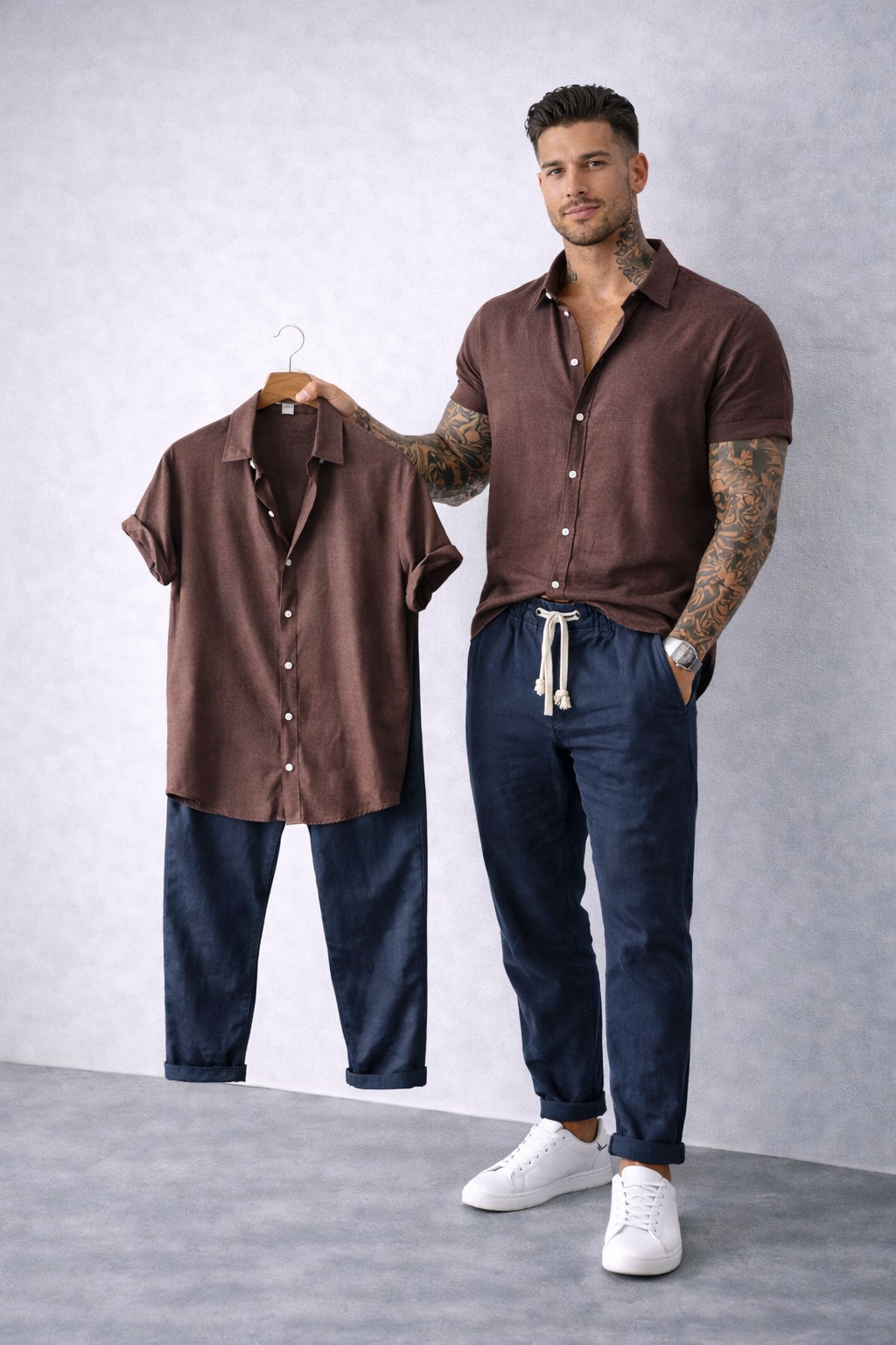 Harbor Linen Contrast - Brown Shirt + Navy Blue Linen Pants Set