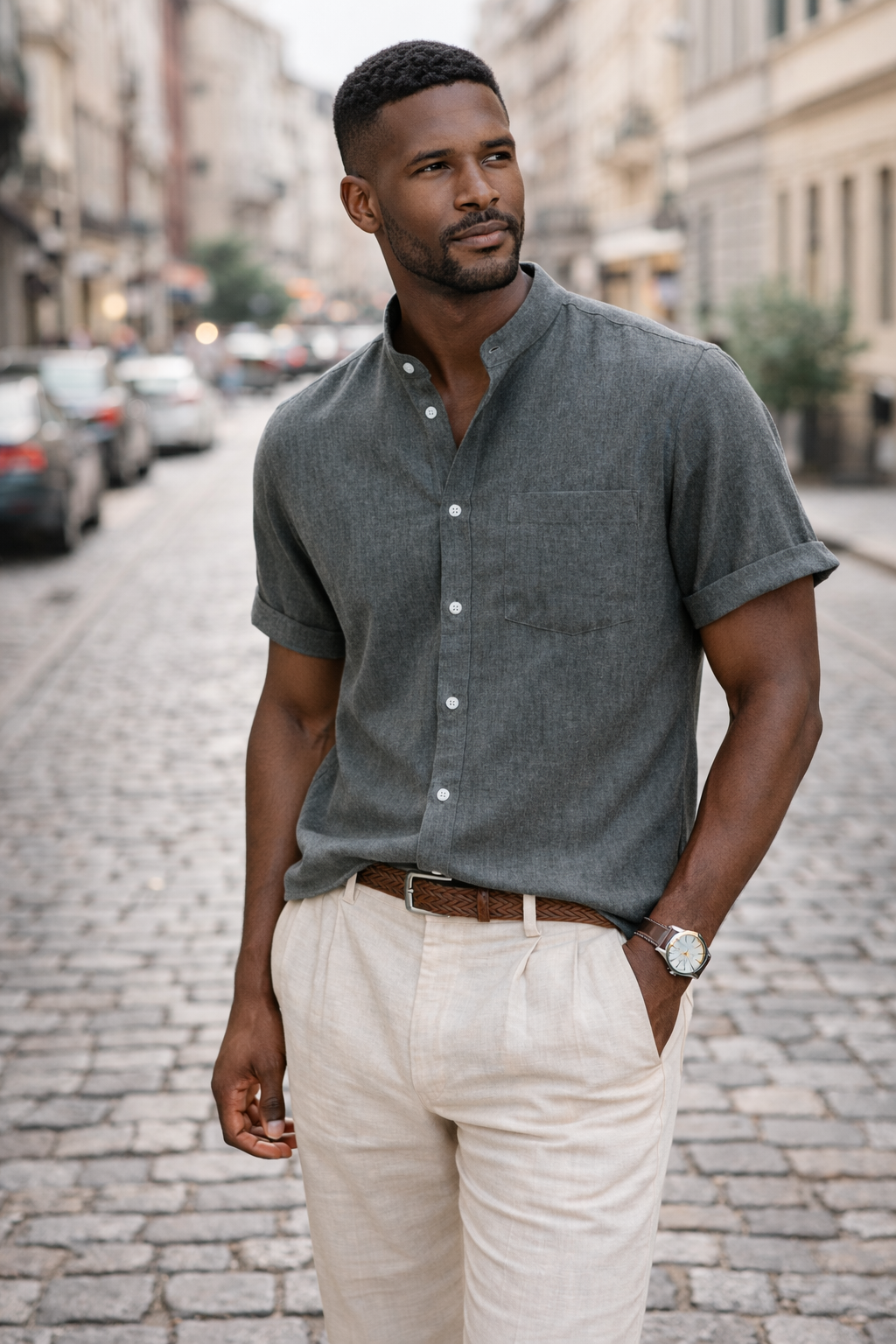 Verona Mandarin Collar Linen Shirt - Gray