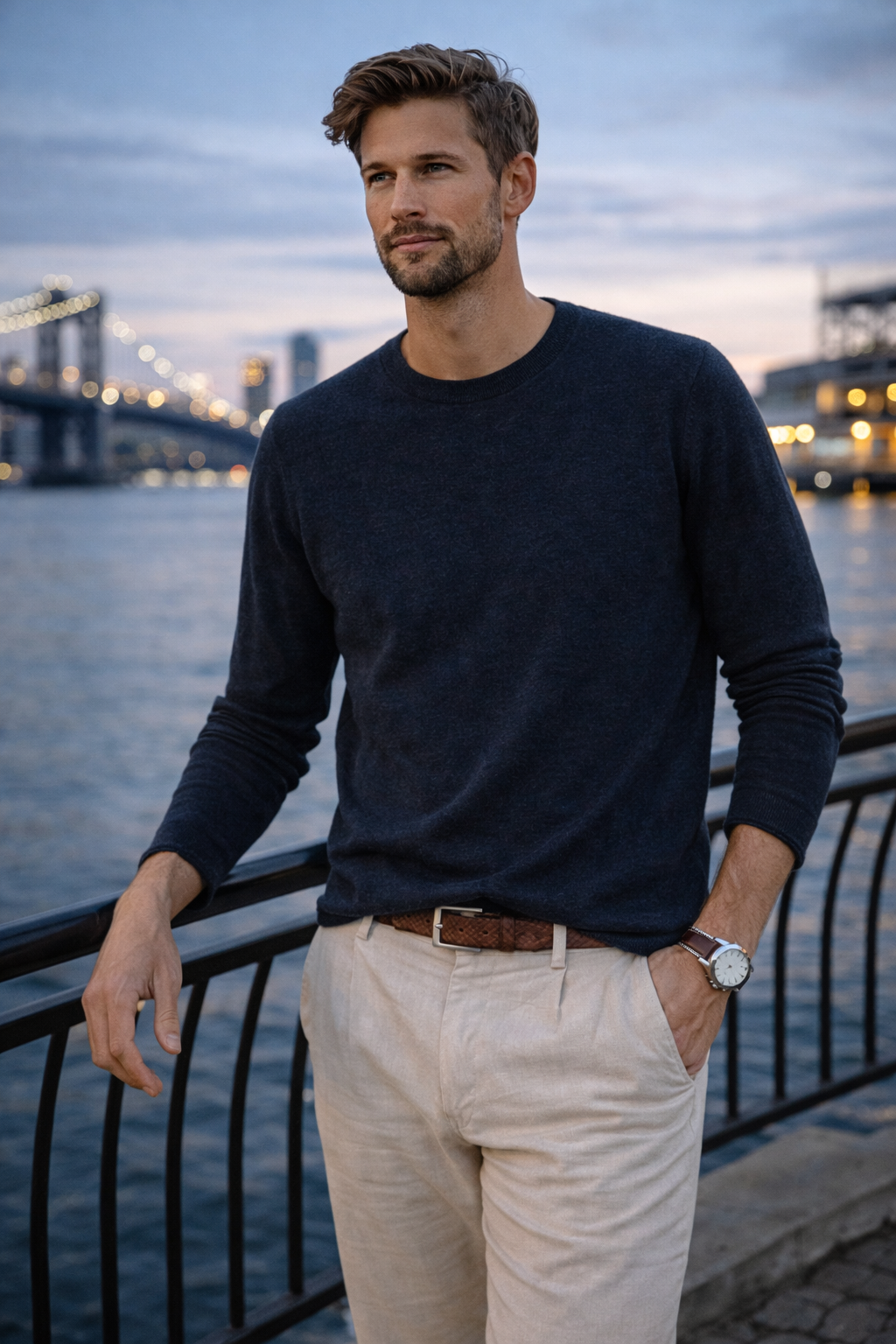 Linen-Cotton Essential Crewneck - Blue