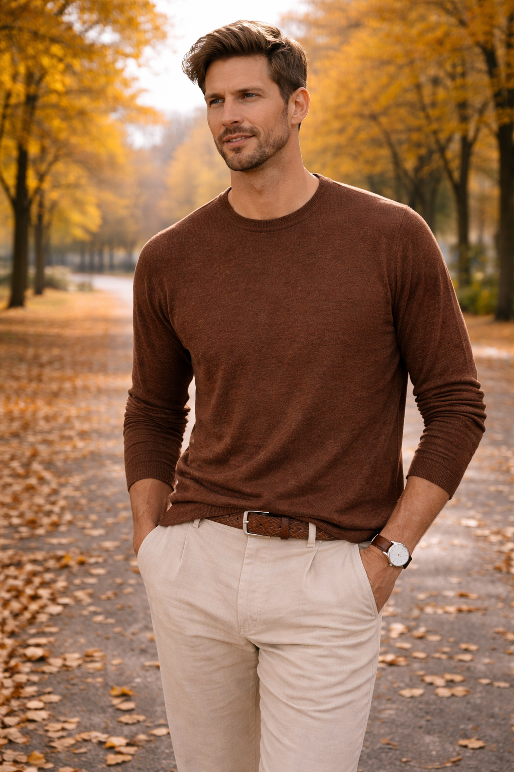 Linen-Cotton Essential Crewneck - Brown