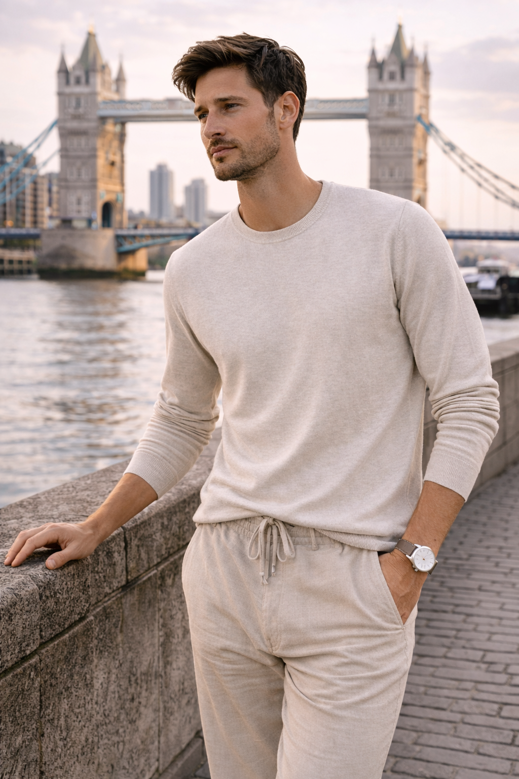 Linen-Cotton Essential Crewneck - Beige