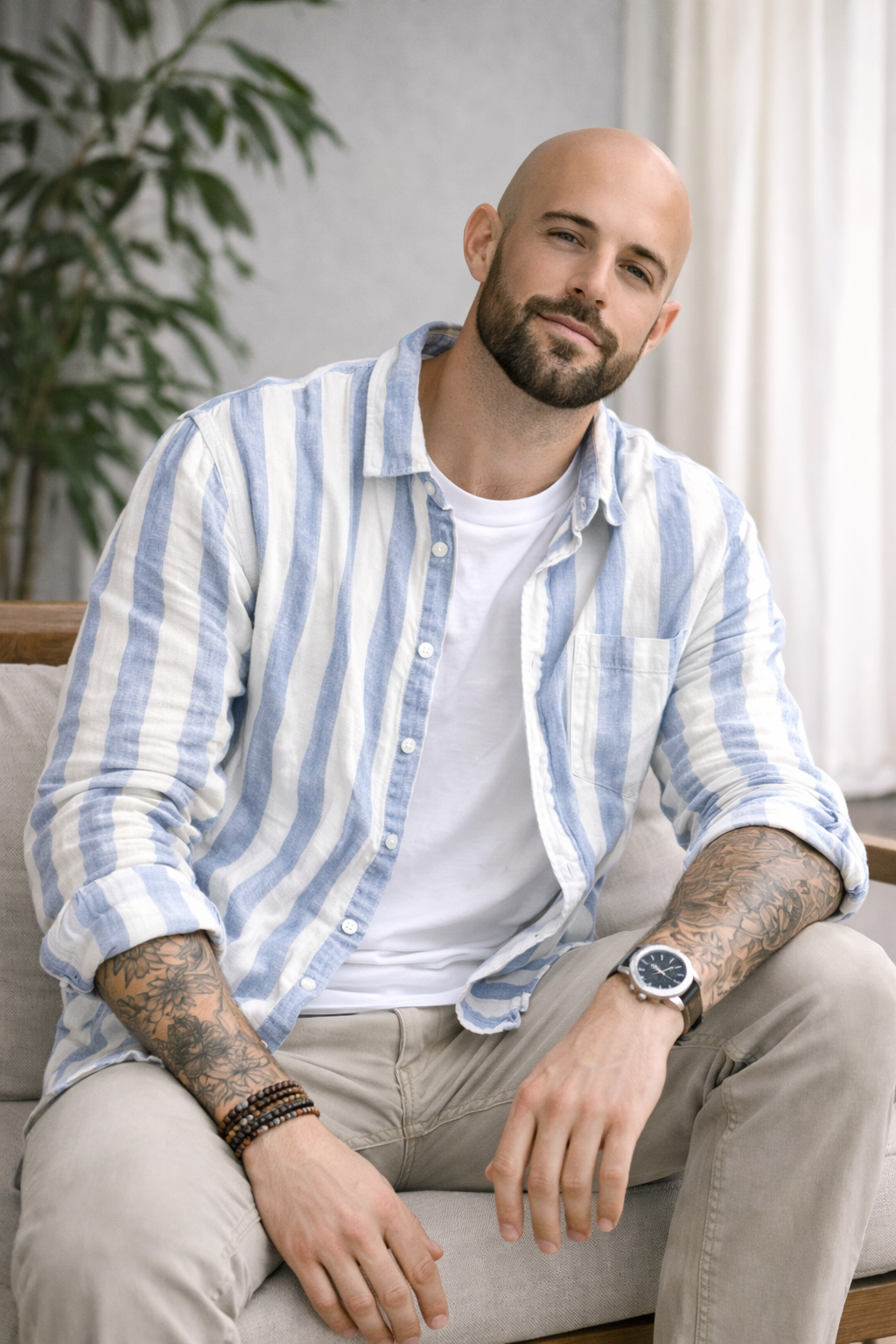 Harbor Stripe Linen Long-Sleeve Shirt - Blue