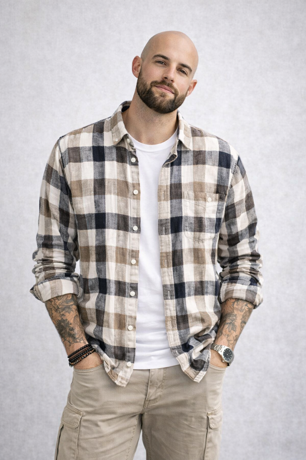 Cove Plaid Linen Mandarin Collar Shirt - Sand/Navy Check