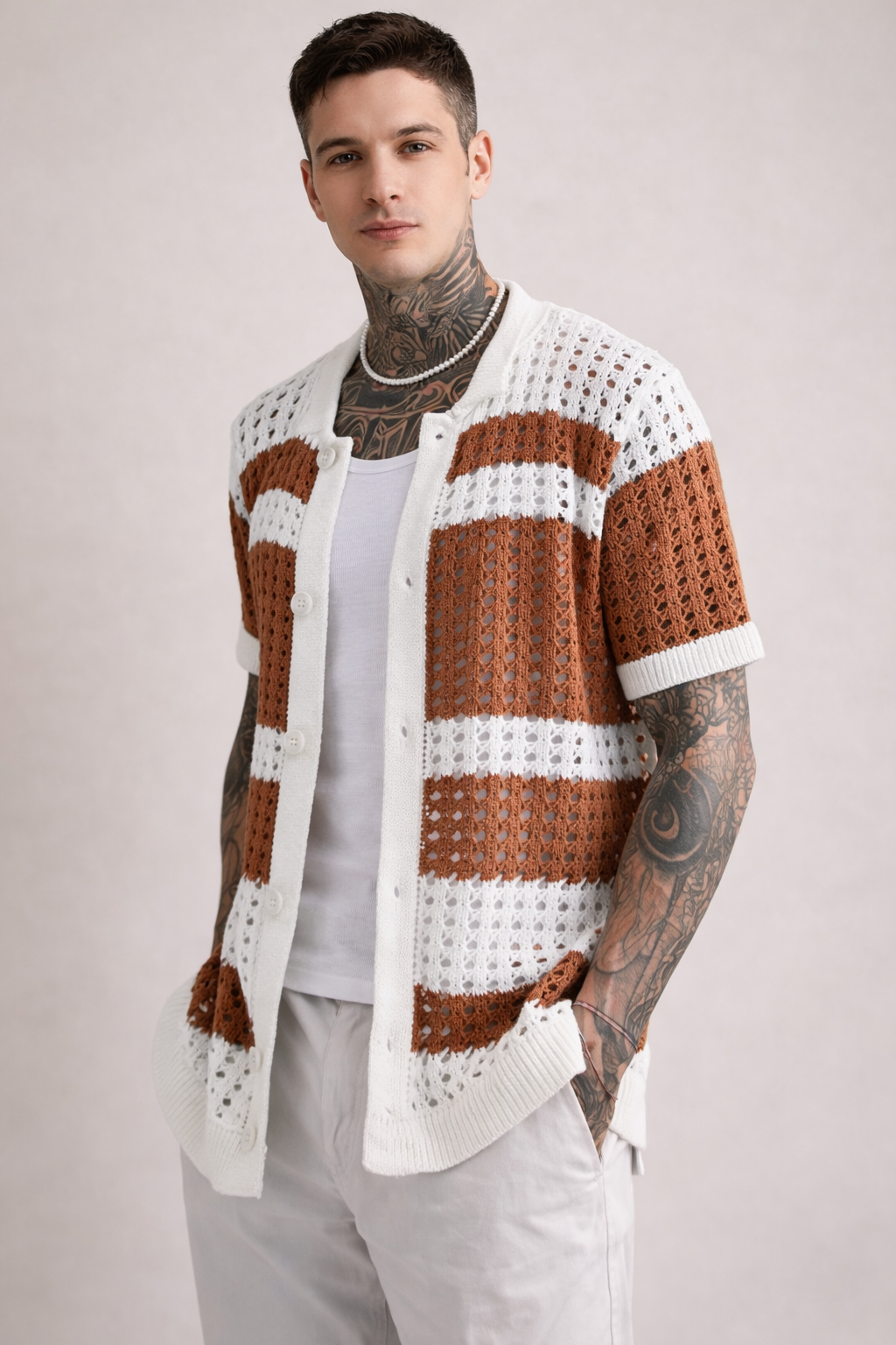 Sorrento Crochet Knit Shirt - Cream & Rust Stripe