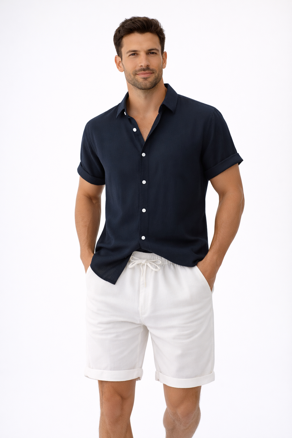 Harbor Weekend - Black Cotton Shirt + White Cotton-Linen Shorts Set