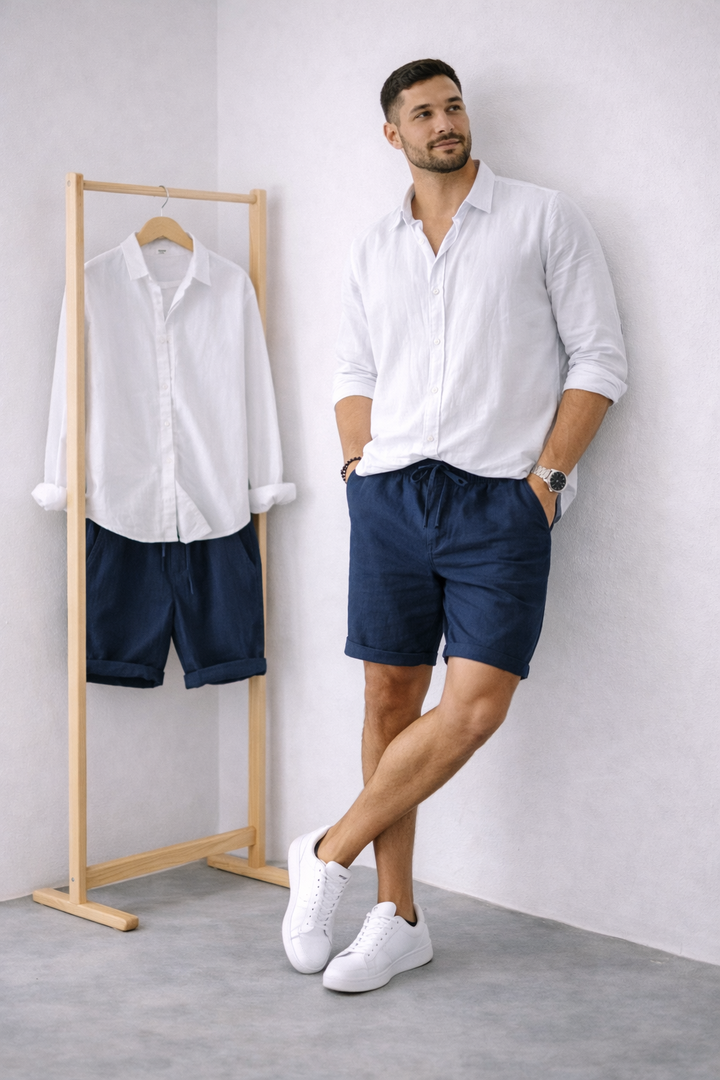 Coastal Breeze Linen - White Shirt + Navy Blue Linen Shorts Set