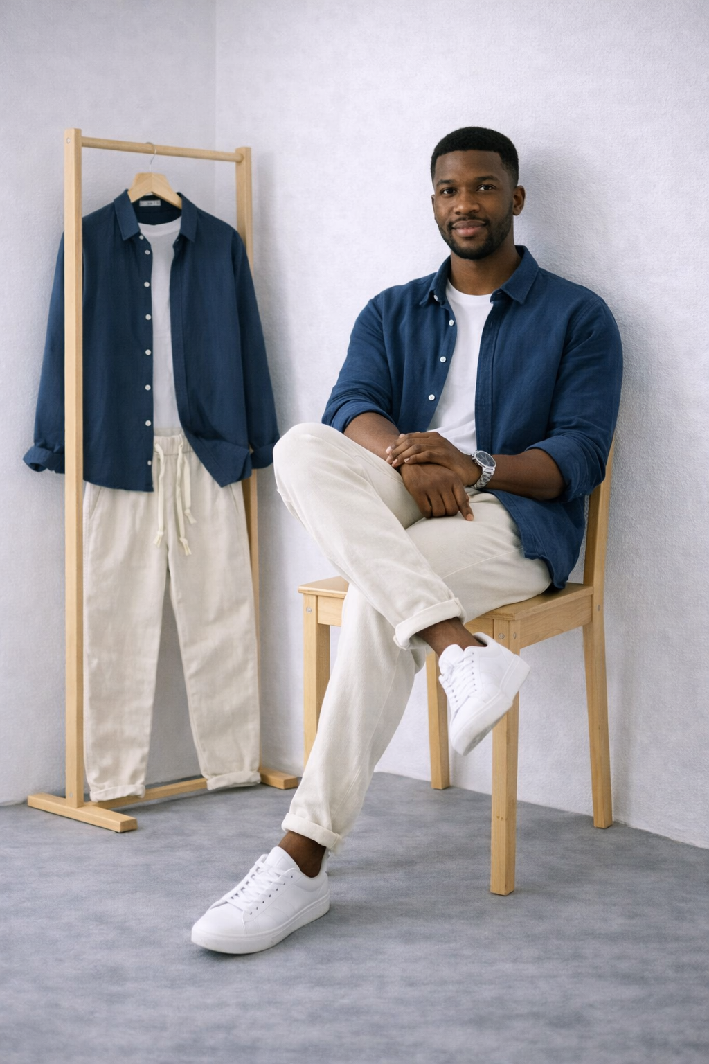 Harbor Linen Duo - Navy Blue Linen Shirt + Beige Linen Pants Set