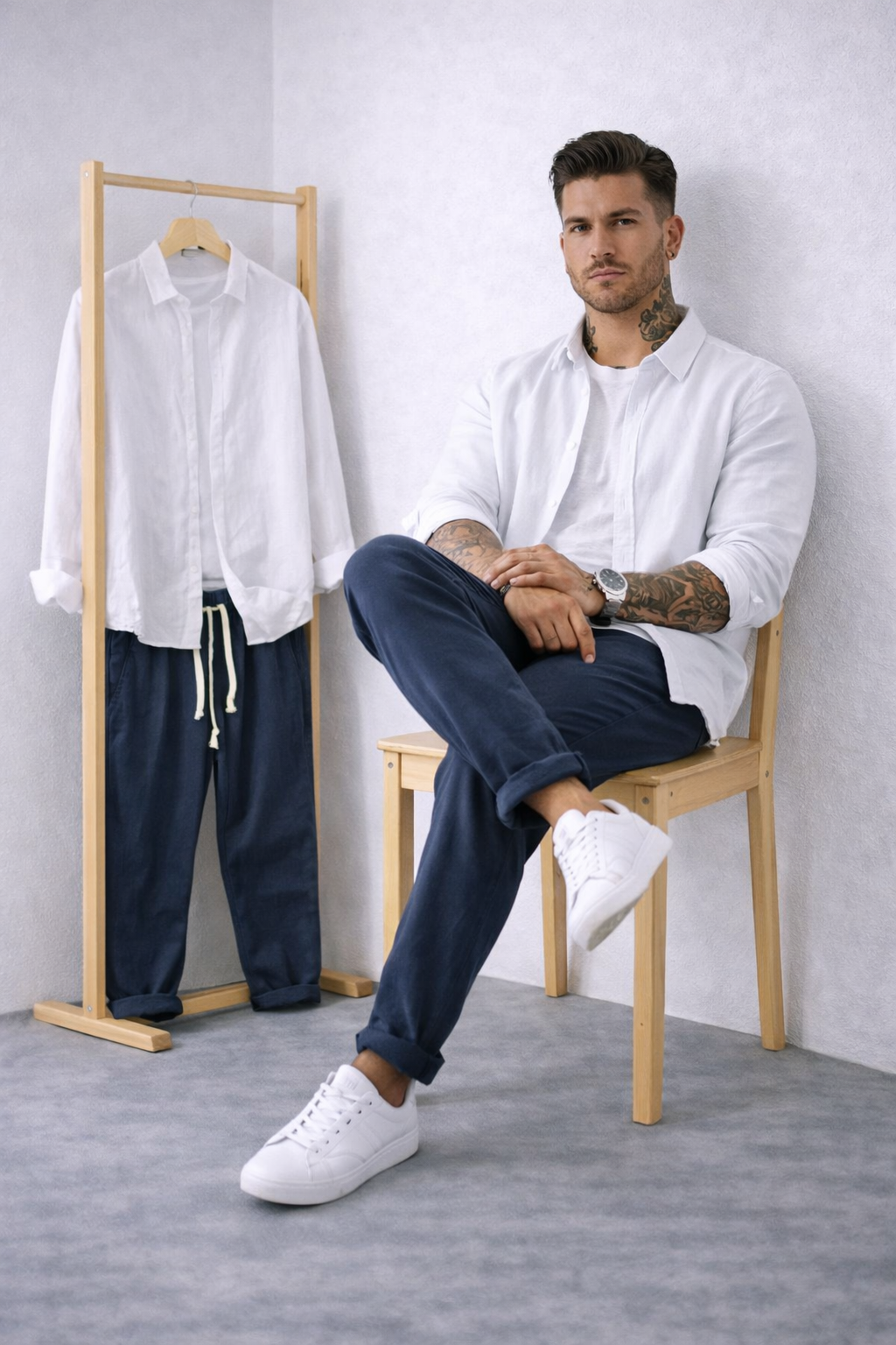 Harbor Linen Duo - White Linen Shirt + Navy Blue Linen Pants Set