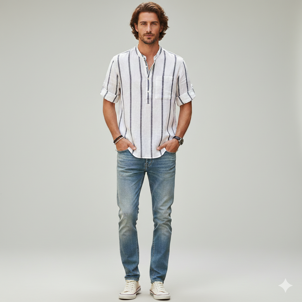 Cove Stripe Linen Mandarin Collar Shirt - White/Black