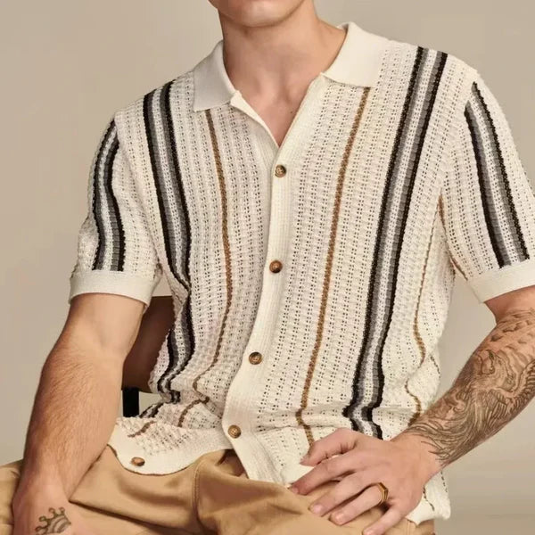 Capri Crochet Knit Polo Shirt - Ivory Stripe