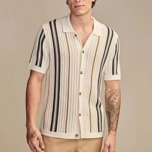 Capri Crochet Knit Polo Shirt - Ivory Stripe