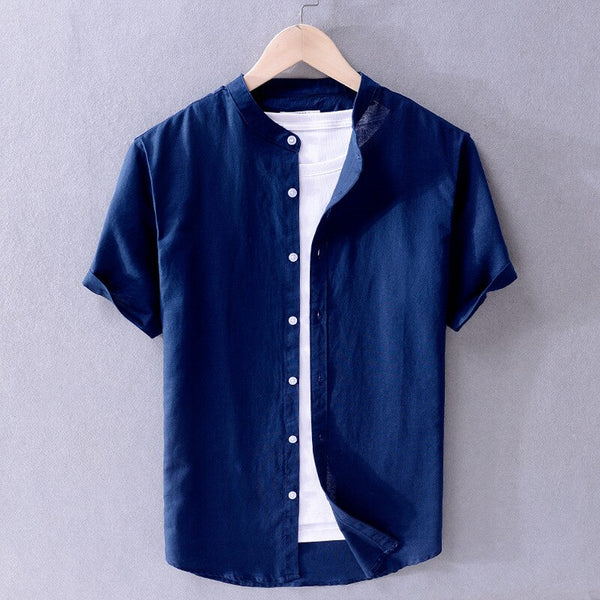 Cove Cotton-Linen Mandarin Collar Shirt - Dark blue