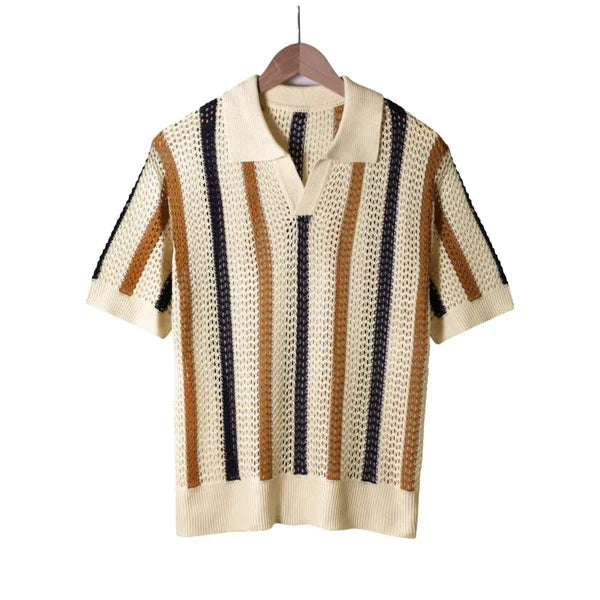 Amalfi Crochet Knit Polo - Sand/Navy Stripe