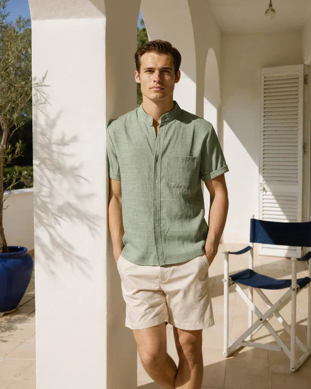 Verona Mandarin Collar Linen Shirt - Green