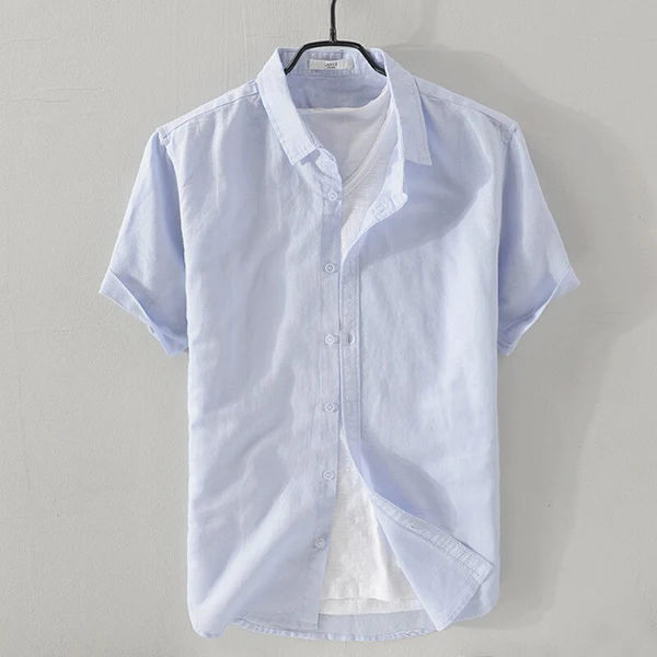 Cove Cotton-Linen Short-Sleeve Shirt - Light blue