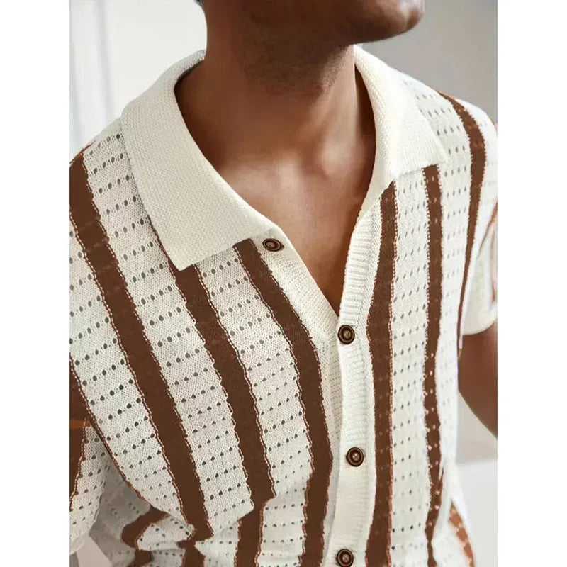 Riviera Knit Button-Up Polo - Cream/Cocoa Stripe