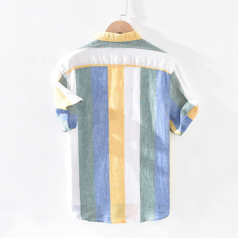 Sunset Stripe Linen Short-Sleeve Shirt - Multi-Color