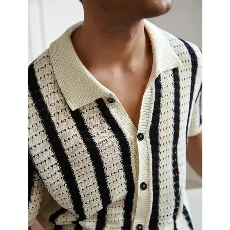 Riviera Knit Button-Up Polo - Black/White