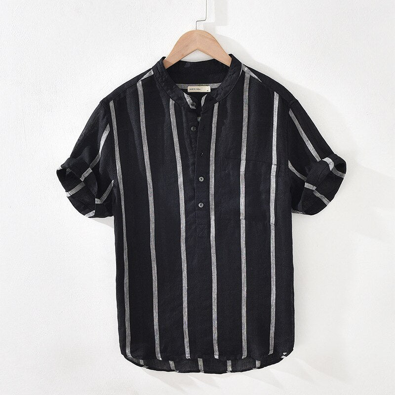 Cove Stripe Linen Mandarin Collar Shirt - Black