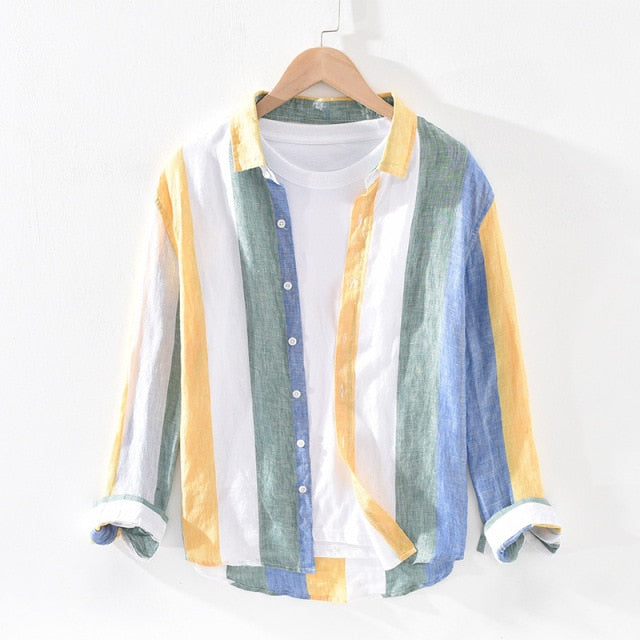 Sunset Stripe Linen Long-Sleeve Shirt - Multi-Color