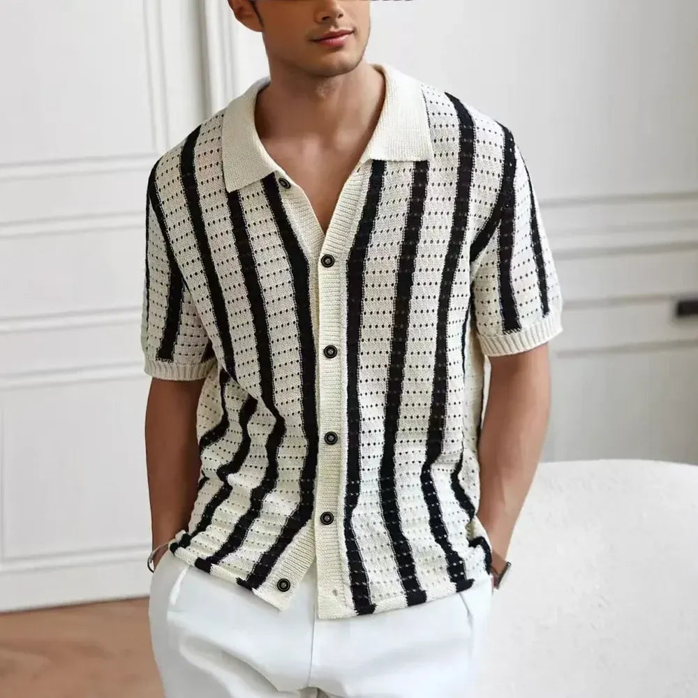 Riviera Knit Button-Up Polo - Black/White