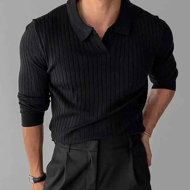 Ribbed Knit Polo - Black