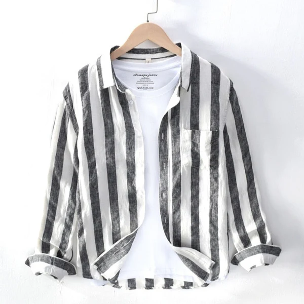 Harbor Stripe Linen Long-Sleeve Shirt - White/Black