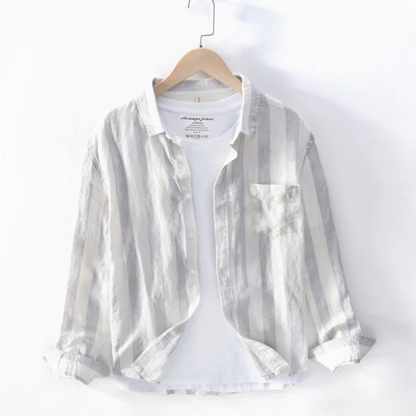 Harbor Stripe Linen Long-Sleeve Shirt - White/Grey