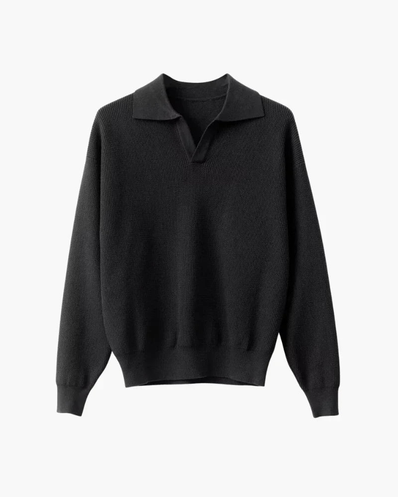 Textured Knit Polo Sweater - Black