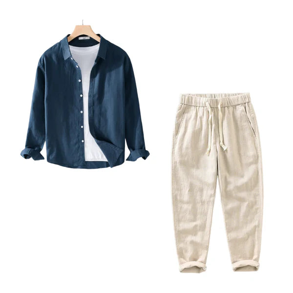 Harbor Linen Duo - Navy Blue Linen Shirt + Beige Linen Pants Set