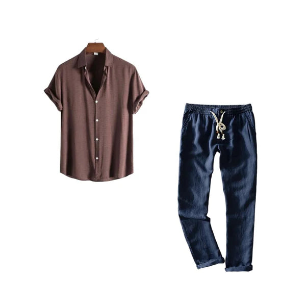 Harbor Linen Contrast - Brown Shirt + Navy Blue Linen Pants Set