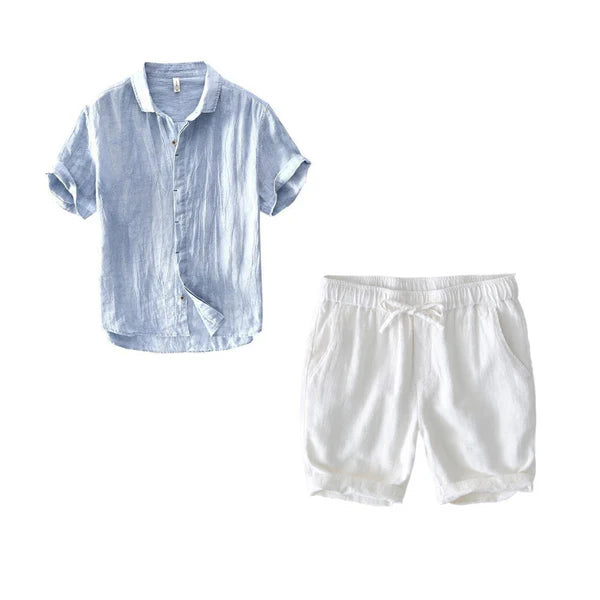 Coastal Breeze Linen - Sky Blue Shirt + White Shorts Set