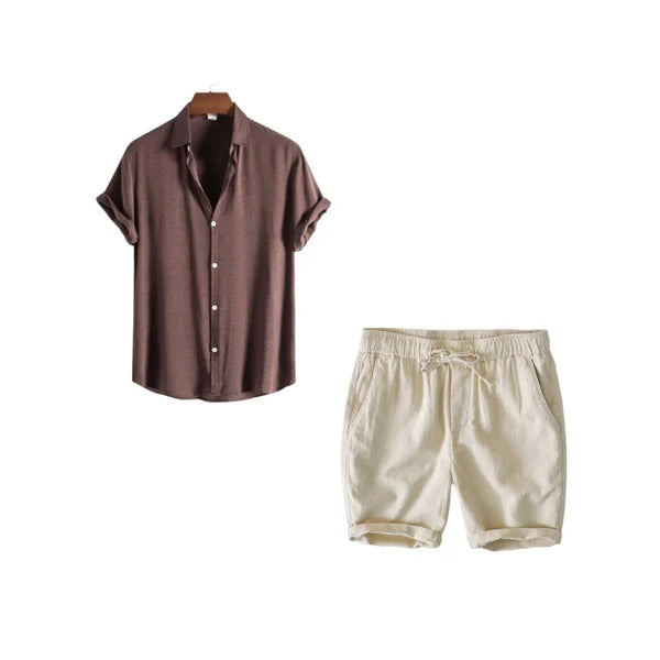 Harbor Weekend - Brown Shirt + Light Beige Linen Shorts Set
